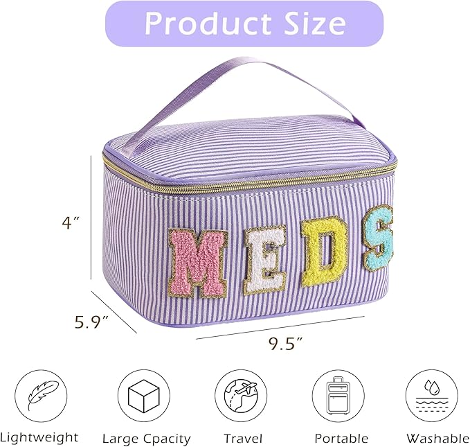 uekeboag Personalized Chenille Letter Seersucker MEDS Makeup Bag,Large Size Medicine RX Cosmetic Bag with Top Handle, First Aid Travel Organizer Bag for Women Girls(03Purple)