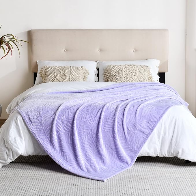 SOCHOW Super Soft Flannel Fleece Throw Blanket, Lightweight Cozy Warm Leaves Textured Plush Blanket for Bed Couch Sofa, 60 x 80 Inches, Lilac