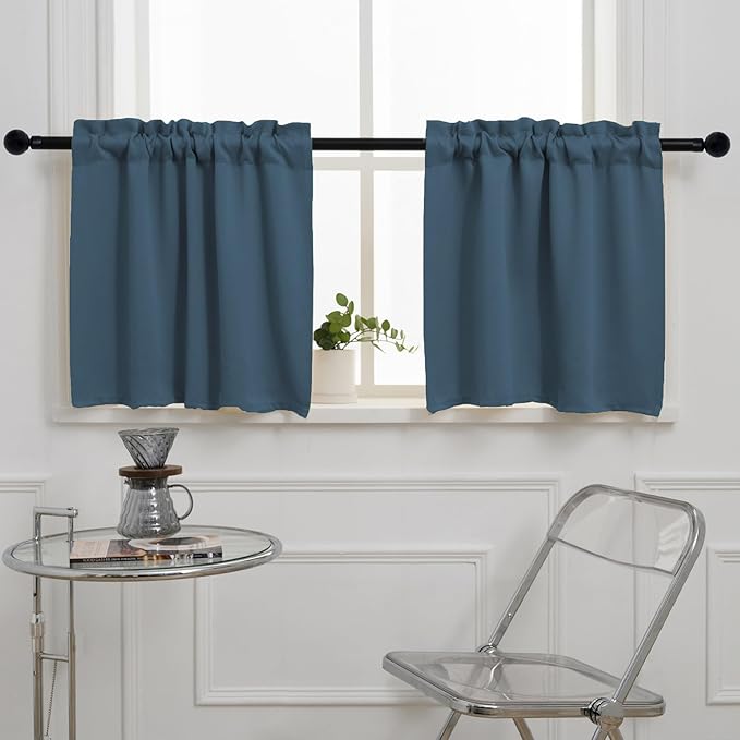 Pickluc Cafe Kitchen Curtains 36 Inches Long 2 Panels, Blackout Tier Curtains with Rod Pocket, Short Black Out Curtain for Small Window, 42" Wide and 36" Length, Set of Two, Stone Blue