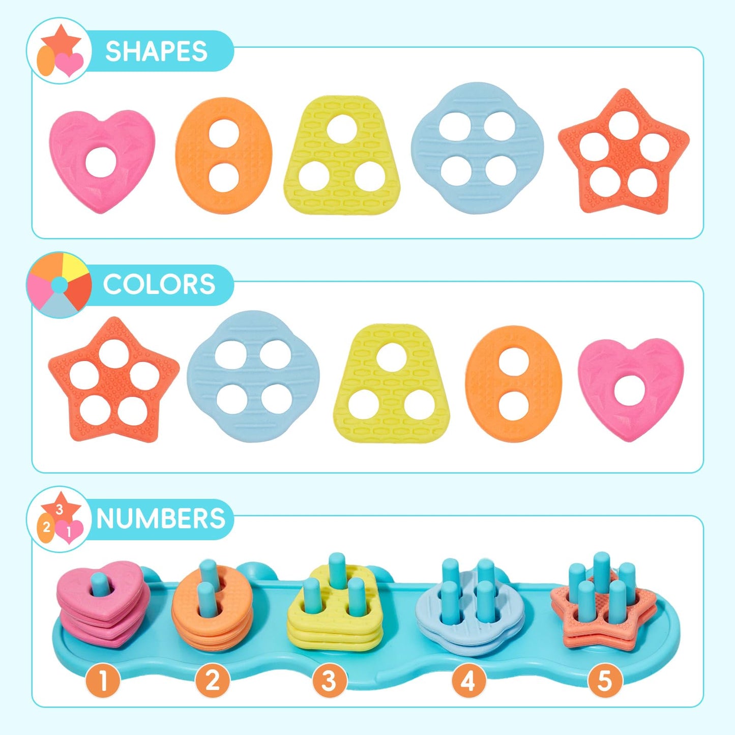 Silicone Color and Shape Sorting & Stacking Toys & 16PCS Baby Bath Toys