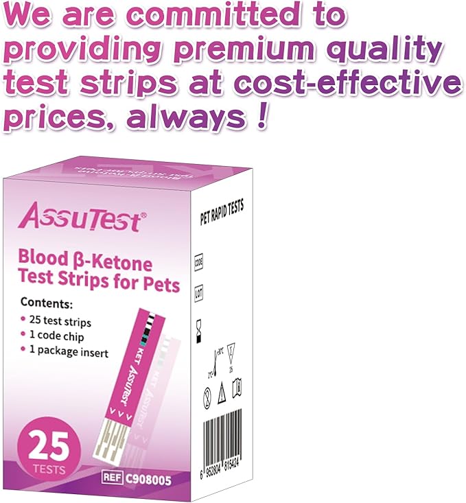 AssuTest® Blood Ketone Test Strips for Pets β-Ketone Farm Testing - Accurate, Easy-to-use Ketosis Detection Tool for Cows Cats and Dogs, Home Veterinary Supplies - 25 Pcs/Box with 25 Lancets