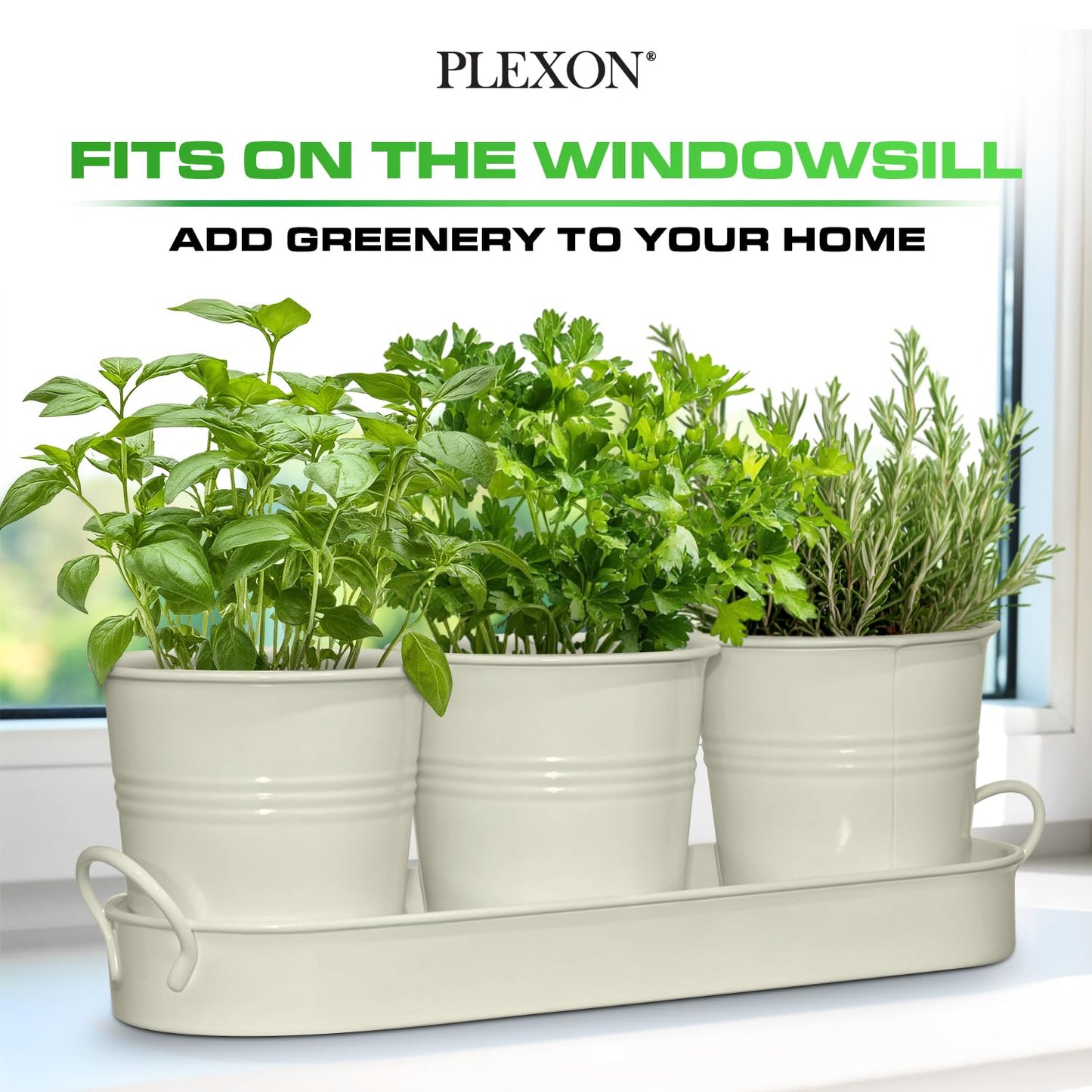 Plexon Herb Planter Indoor Garden Set of 3 with Tray, Metal Herb Pots for Indoor Plants, Round Kitchen Garden Kit Ideal for Windowsill Planter or Countertop, Off-White Powder Coated