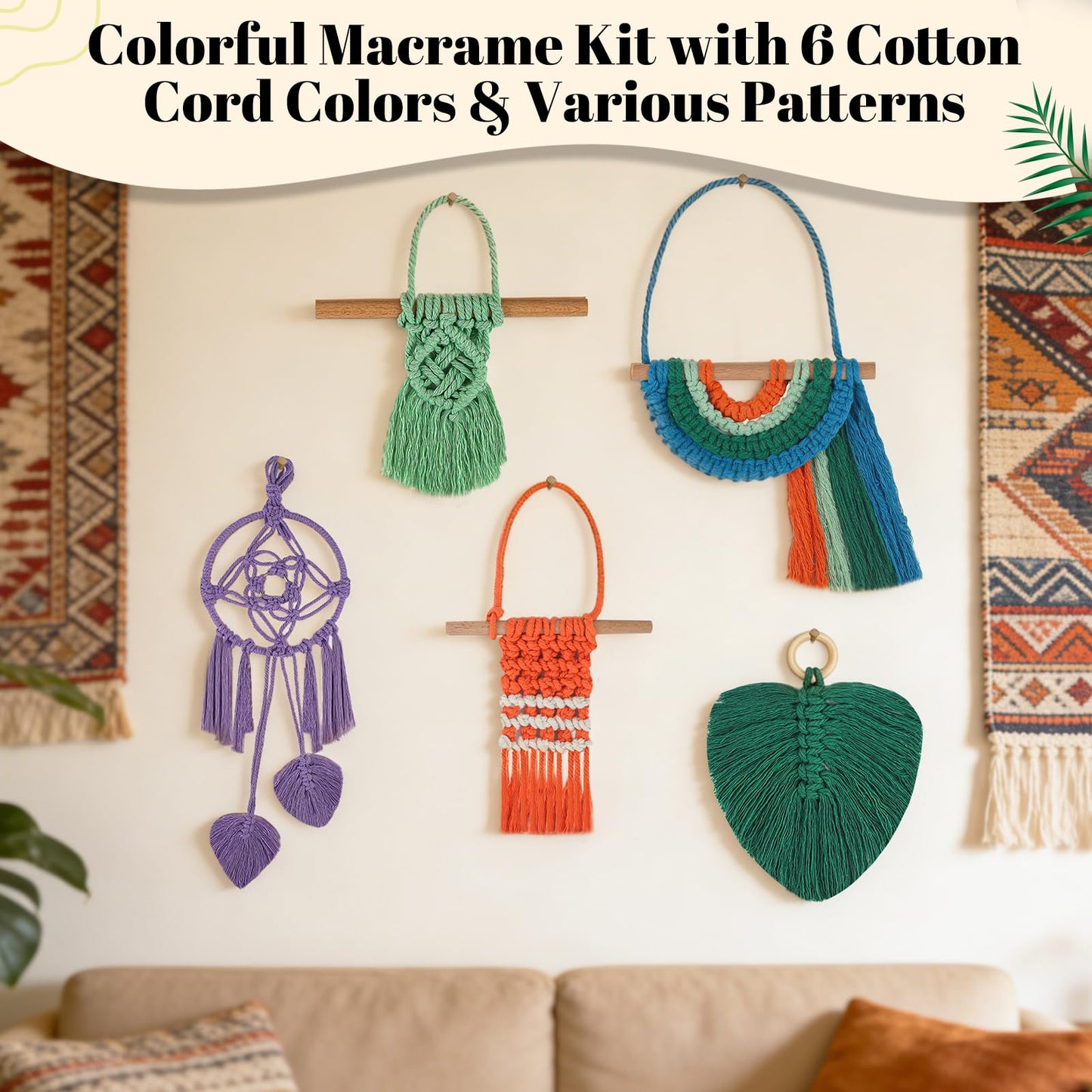 Ecoofor Macrame Kits for Beginners with 366 Feet 3 mm Macrame Cotton Cord, DIY Plant Hanger Kit with Supplies and Instructions, Macrame Beads, Wooden Rings, Dream Catcher Rings