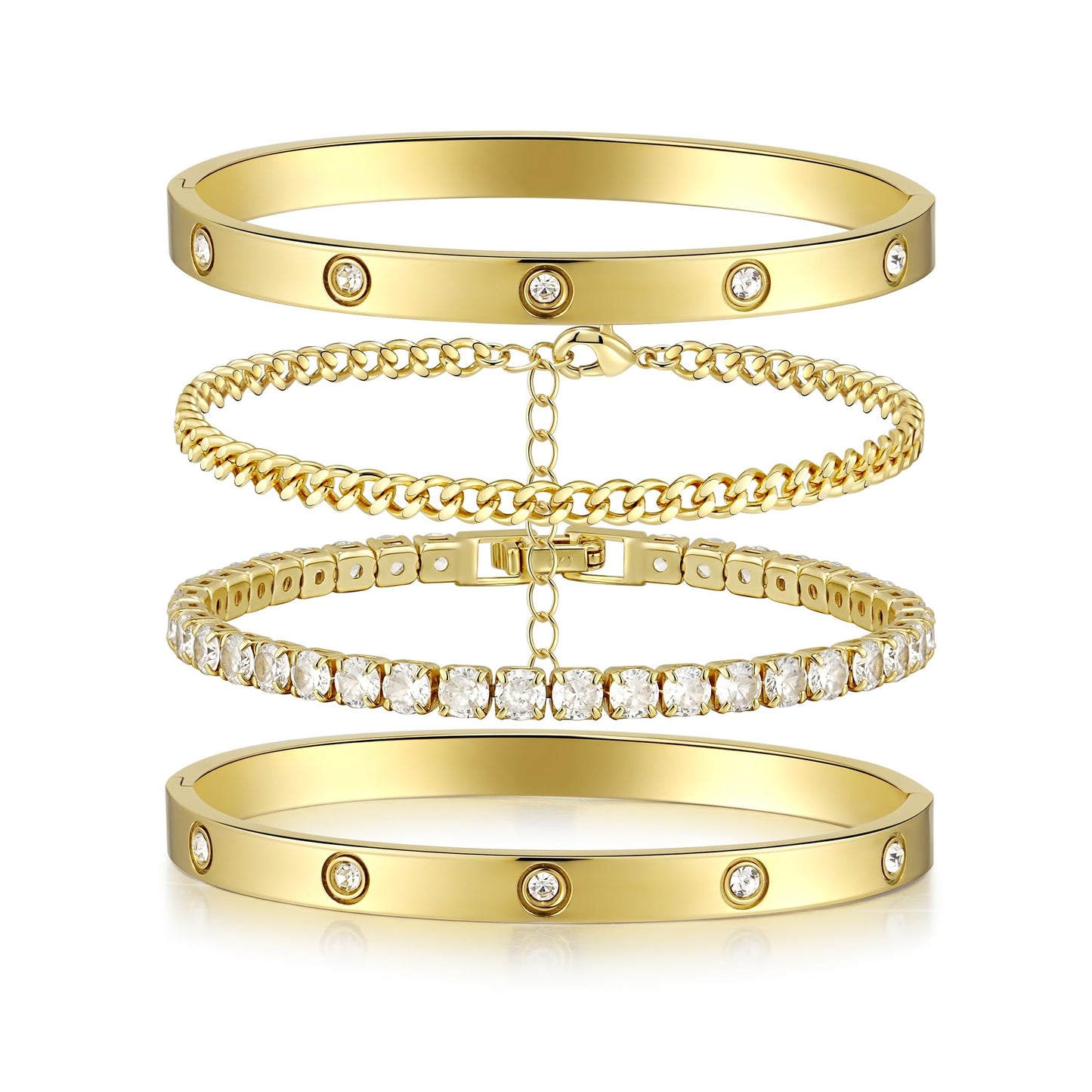 Kainier 14K Gold Plated Bracelets Sets for Women 4pcs Love Bangle Bracelet Cubic Zirconia Tennis Cuban Chain Stacking Gift for Love