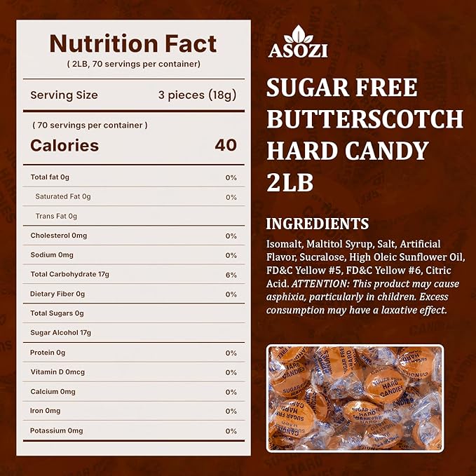 Sugar Free Butterscotch Hard Candy - 2lb of Sugar Free Hard Candy Individually Wrapped - Classic Buttery Sweetness, Perfect for Gatherings or Guilt-Free Treats