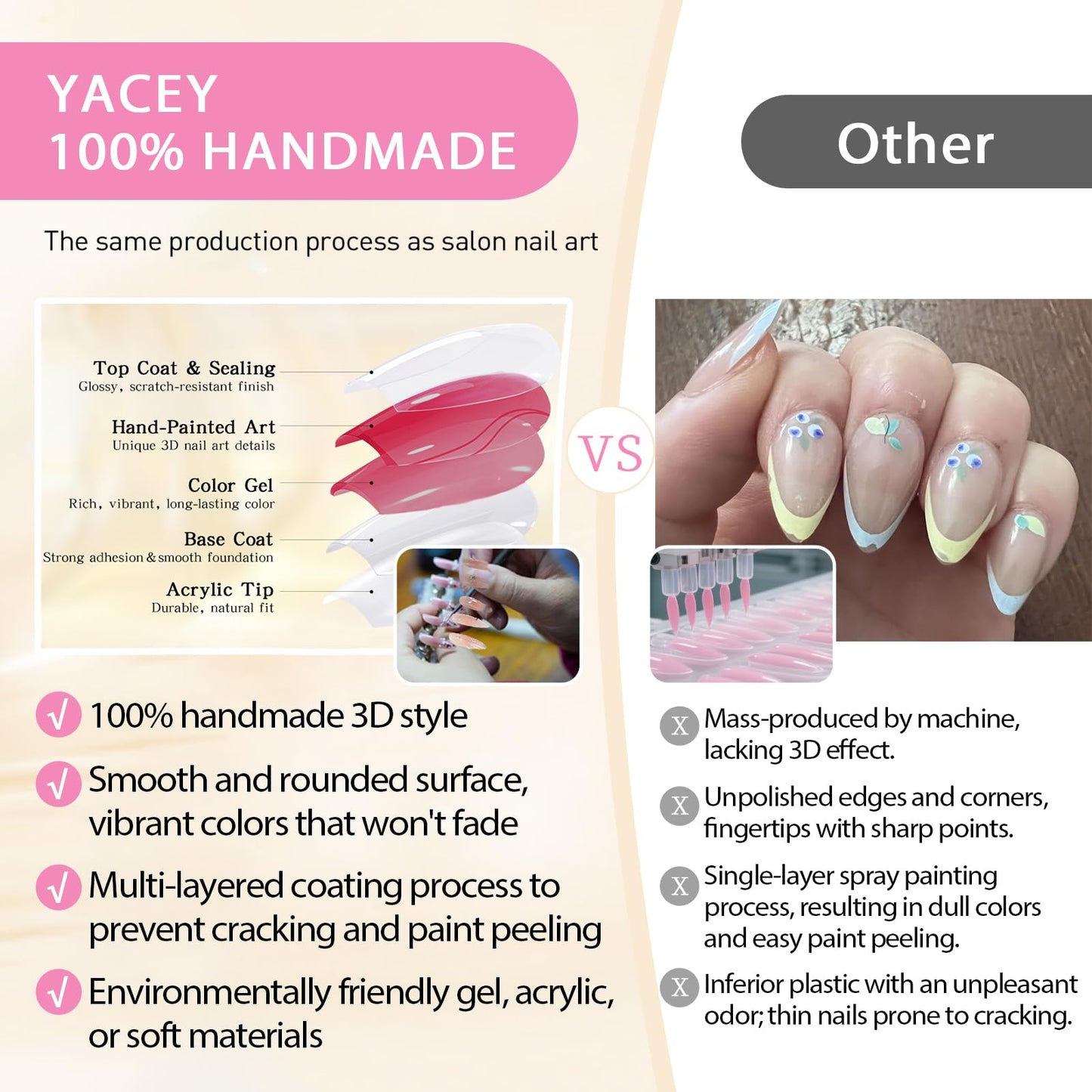 Yacey Handmade Wedding Press on Nails for Bride, Medium Almond Reusable False Nails Press Ons, 3D Sakura French Tip Thick Acrylic Fake Nails, Luxury Glossy Glue on Nails for Women Girls (10 Pcs, M)
