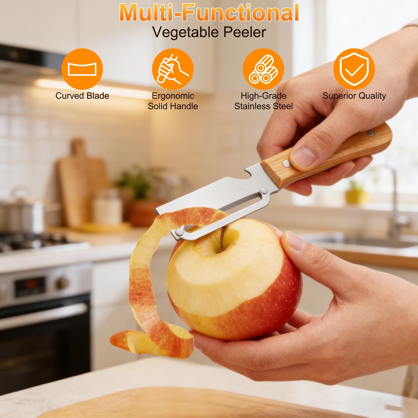 Multi-Functional Vegetable Peeler for Kitchen, with Wooden Handle and Bottle Opener, 2-in-1 Stainless Steel Blade Kitchen Tool for Fruit Apple Potato Pumpkin Papaya(2pcs)