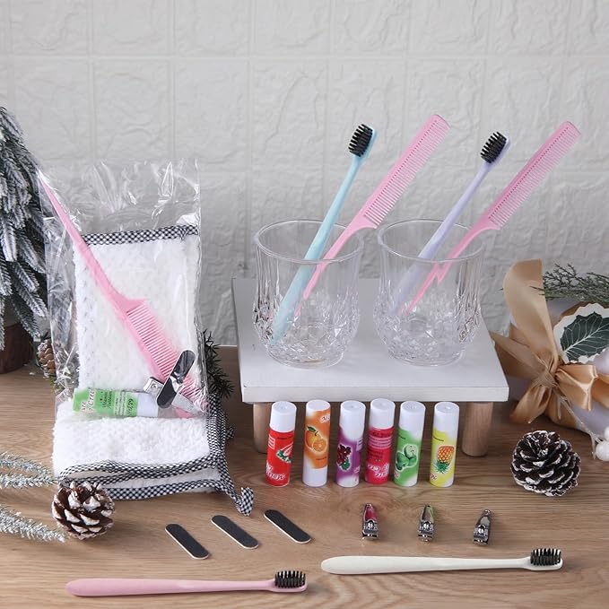 Buryeah 50 Sets Personal Hygiene Kit Basic Toiletry Kits Homeless Supplies Travel Convenience Toiletry Kit, Include 50 Toothbrush, 50 Comb, 50 Towels, 50 Nail Clippers, 50 Nail Files, 50 Lipsticks