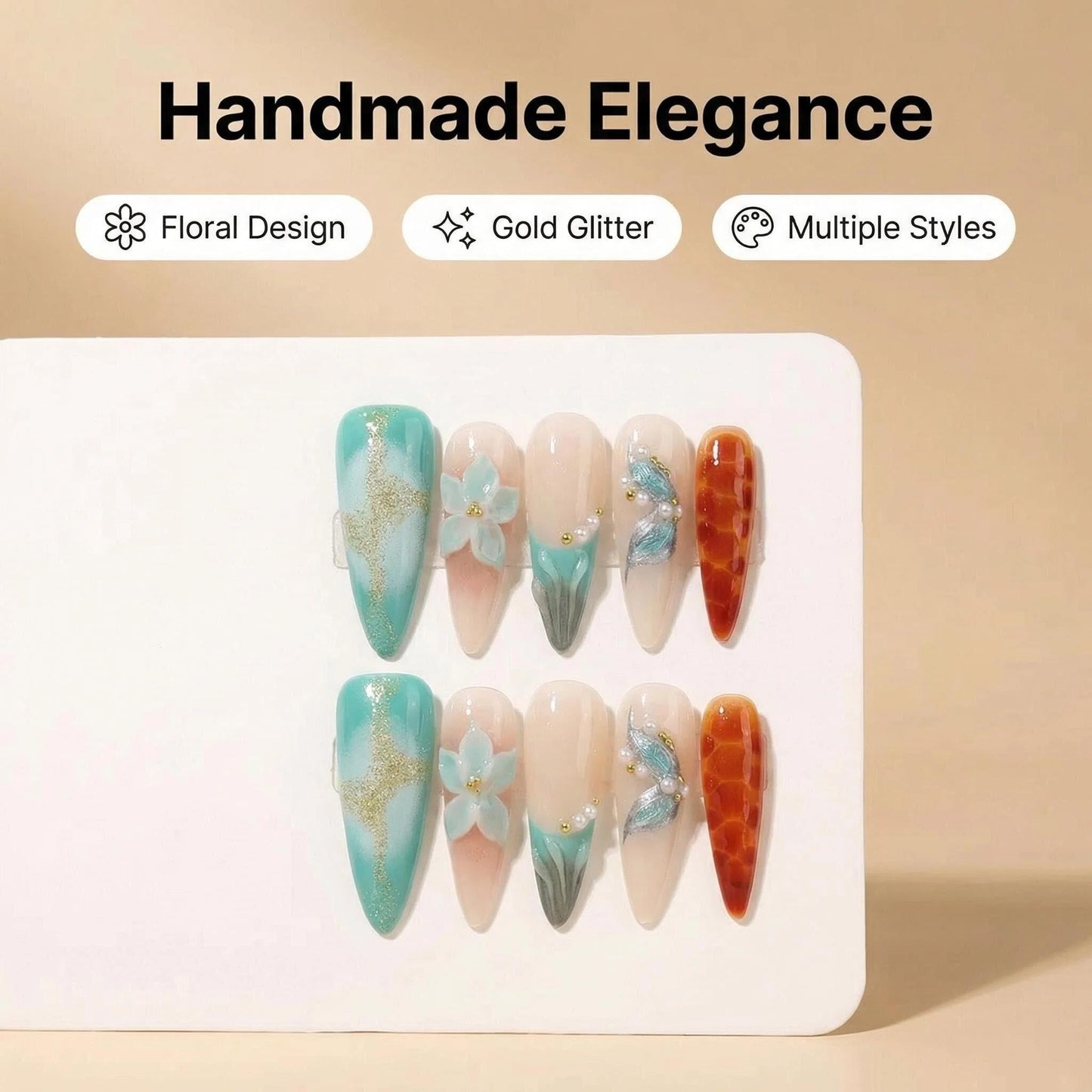 Handmade Press on Nails Long Stiletto False Nails Blue French Tip Fake Nails with 3D Blue Flower Designs Glitter Charm luxury Artificial Nails for Women (Size M）10pcs