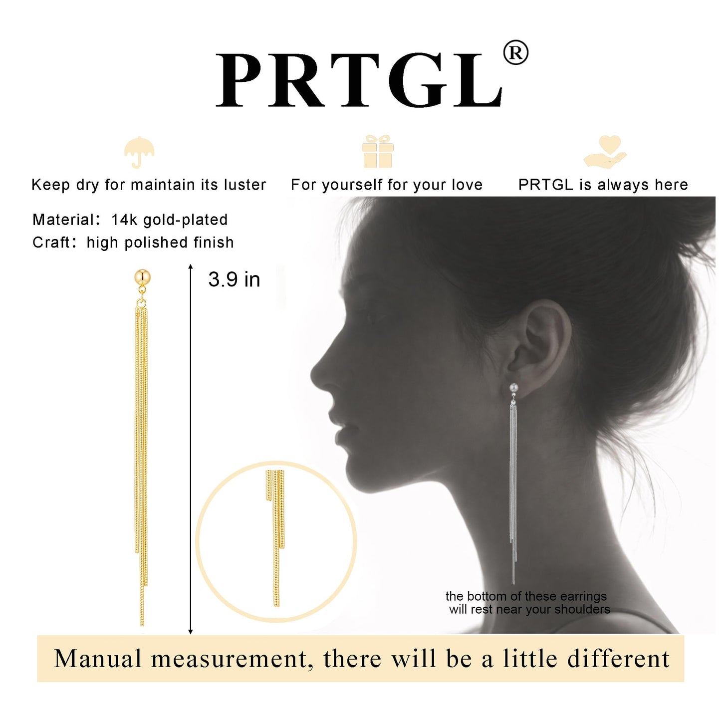PRTGL Dangle Earrings - 14K Gold Plated Tassel Long Dangle Earrings for Women Asymmetrical Design