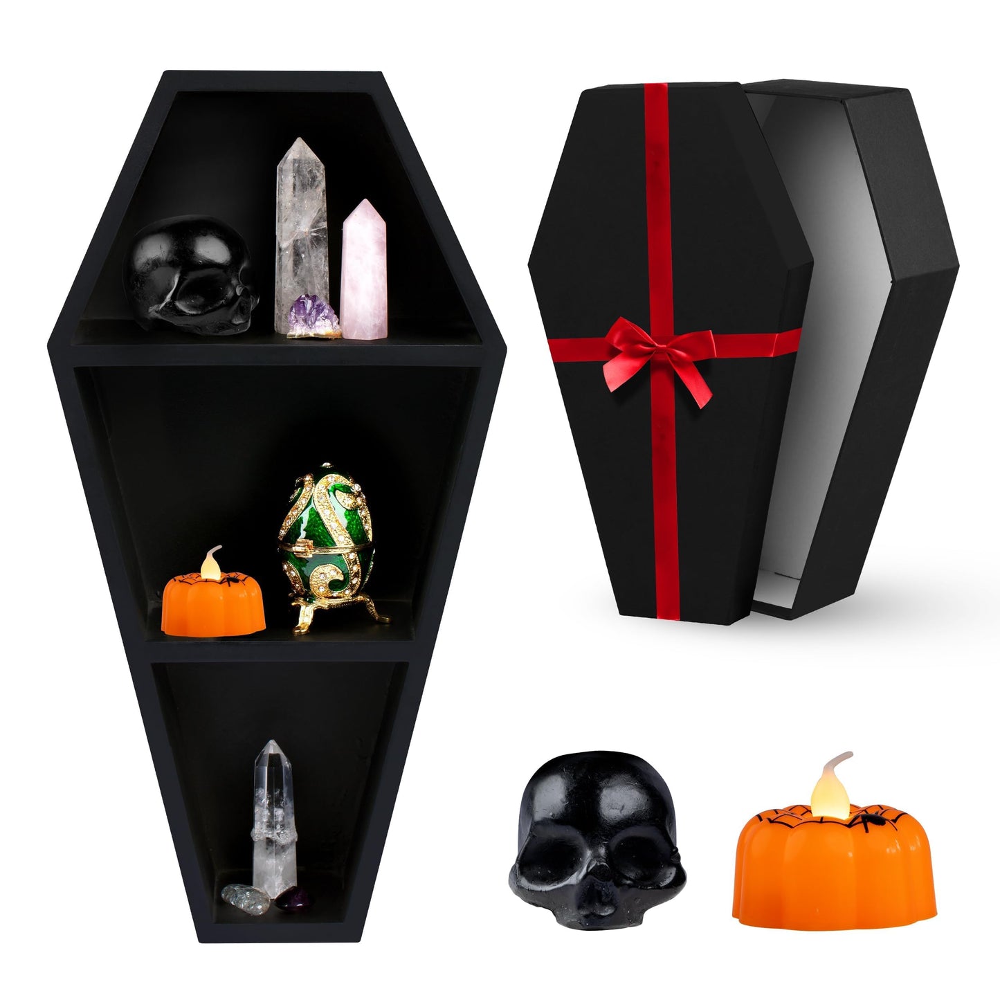 MANNY'S MYSTERIOUS ODDITIES Coffin Shelf and Coffin Gift Box with Spooky Accessories Set - Small Cute Goth Halloween Box 14 by 7 Inches - Black