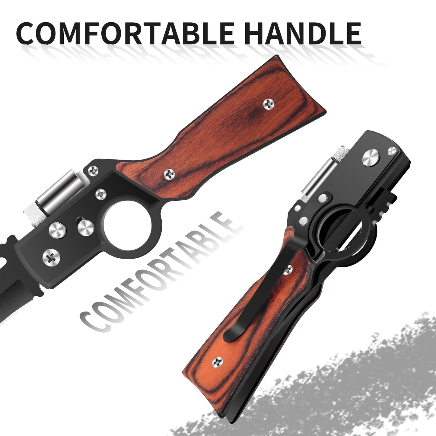 Uninuou AK47 Style Tactical Folding Pocket Knife （Black）– EDC Gift for Men with LED Light, Wood Handle & Pocket Clip, Laser Engraving Ready, Outdoor Camping Hiking Gear (1)