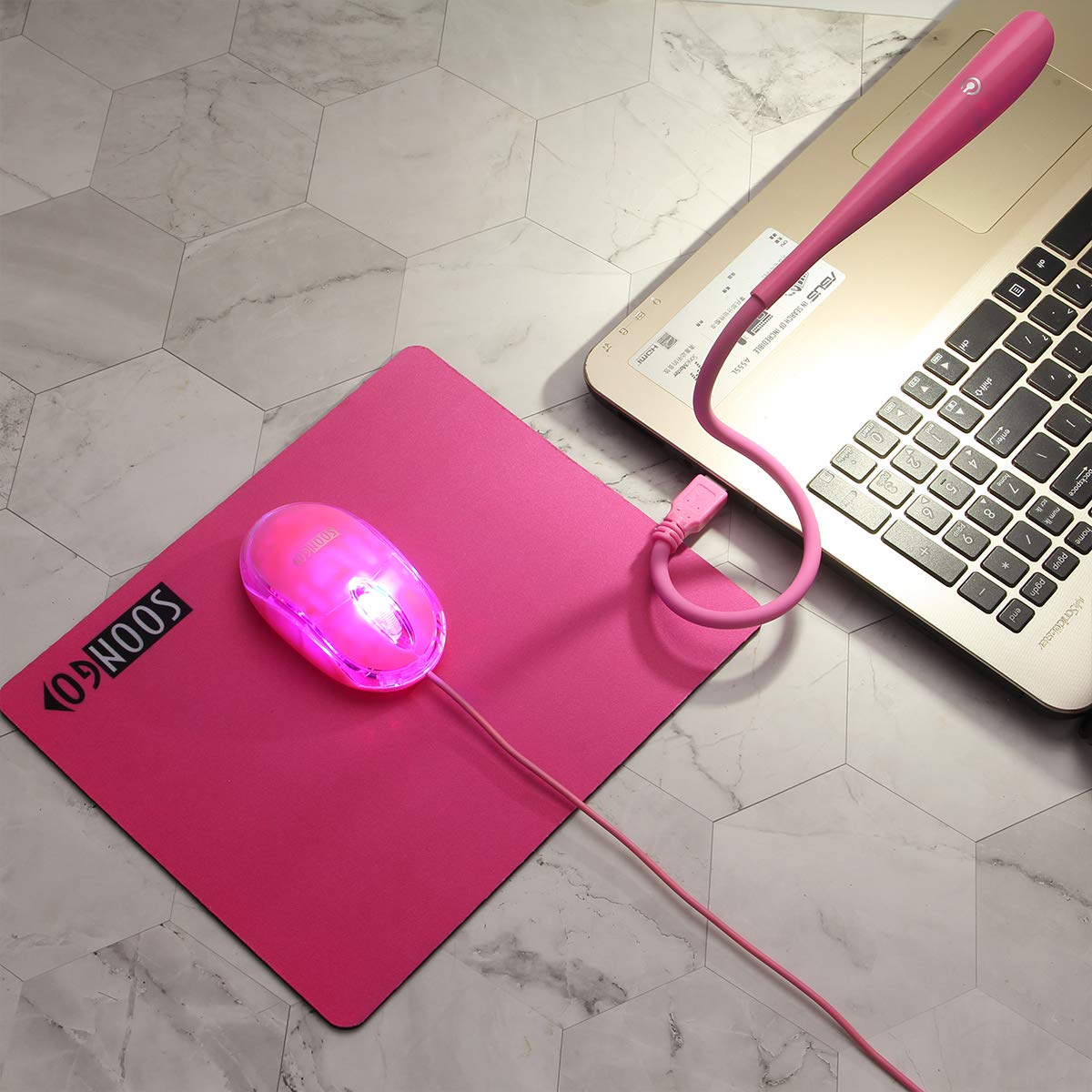 Pink Mouse and Pad USB LED Light 3 in 1 Gift Comb Kids Mouse for Laptop Home Office Travel by SOONGO