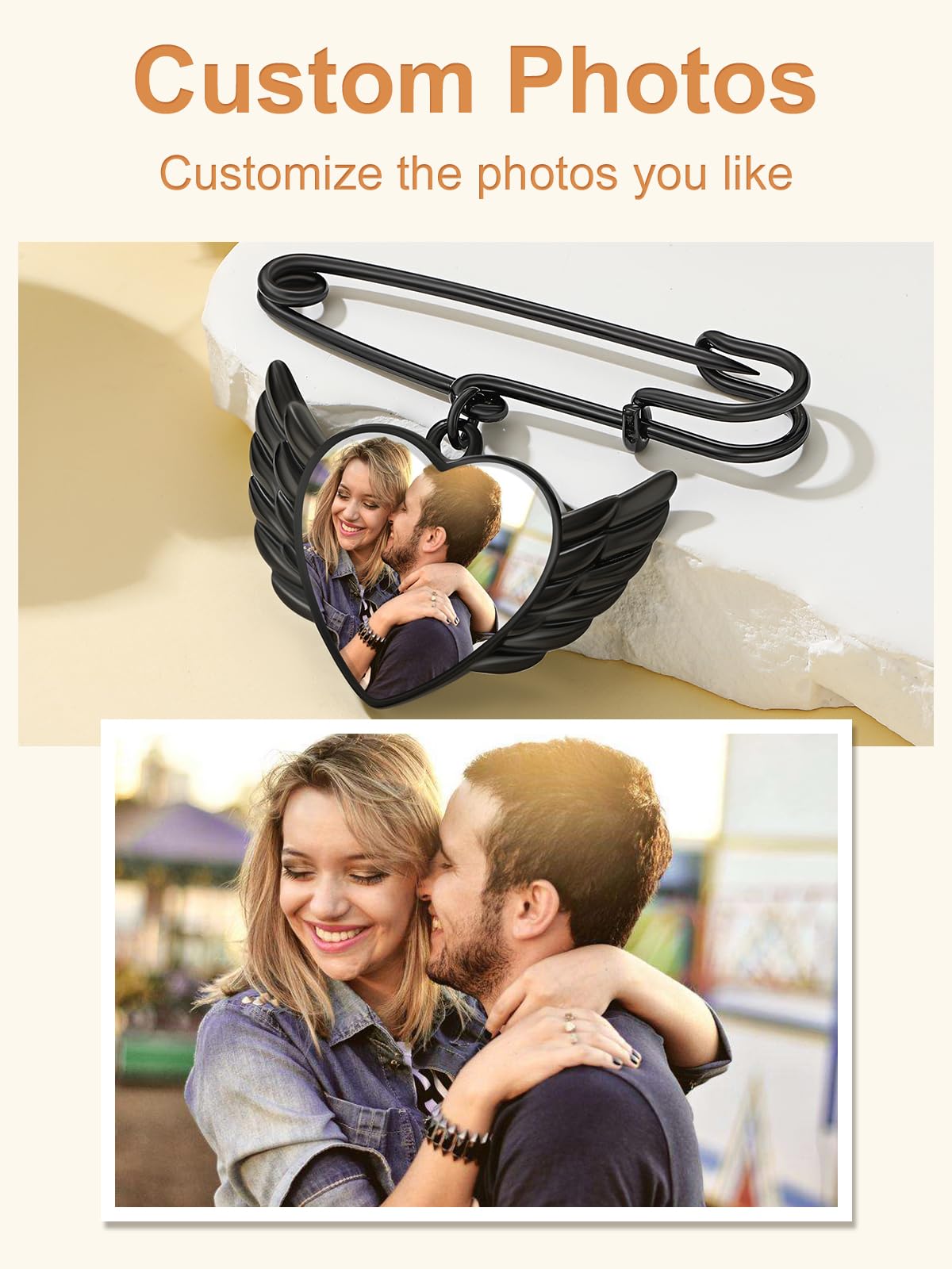 Custom4U Memorial Picture Brooch Pins Wedding Bouquets Charm for Bridal with Silver Angel Wings