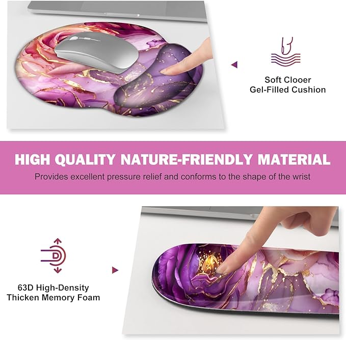 Gaming Mouse Pad, Large Desk Mat, Cute Desk Pad Protector, 4in1 XXL Mousepad + Keyboard Wrist Rest+Mouse Wrist Rest+Coaster Set with Ergonomic Desk Pad for Home Office PC, Marble Rose Purple Flowers