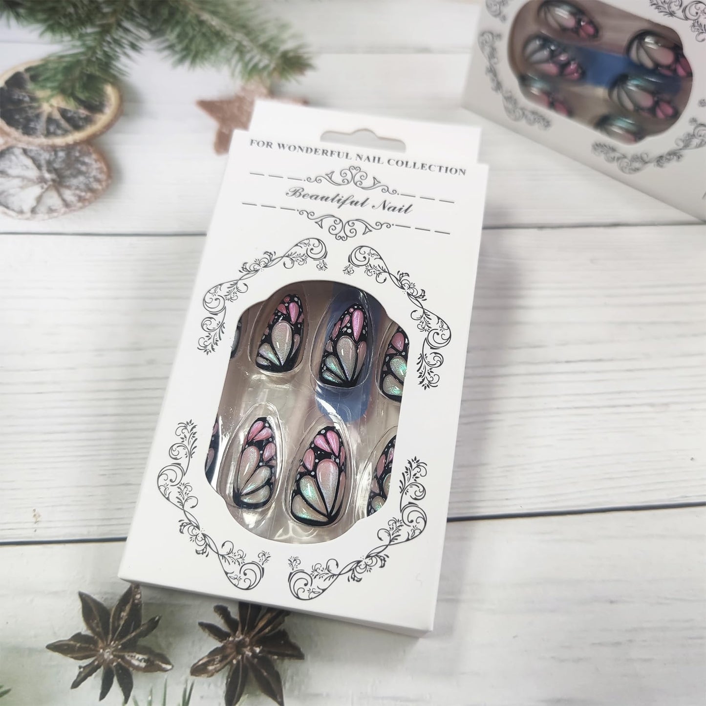 Butterfly Wing Press on Nails 3D Butterfly Wing Stick on Nails Black Curve Line Acrylic Fake Medium Almond Nails 24 Pcs Glossy Multicolor Glitter False Nails Wing Gel Glue on Nails for Women Girls