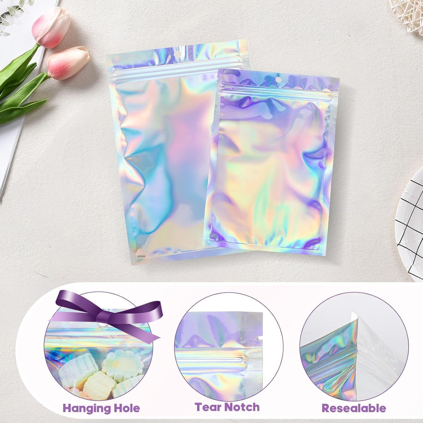100Pcs Holographic Packaging Bags, 5.9x8.6 inch Resealable Foil Pouch Mylar Sample Bag Great for Small Business and Party