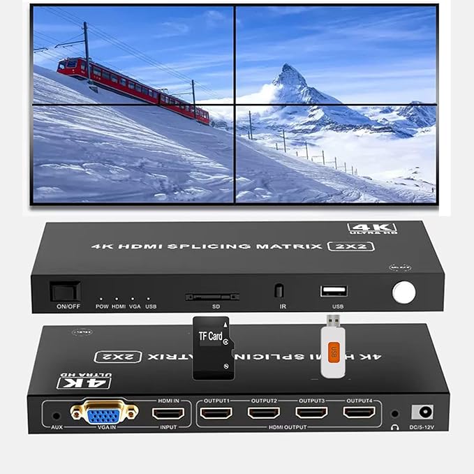 4-in4-out Video Wall Controller 2x2, HDMI & VGA & USB & SD Support 4K Input TV Wall Controller,1080P Output TV Wall Processor,180 Degree Rotate 1x2,1x3,1x4,2x2,2x1,3x1x4x1