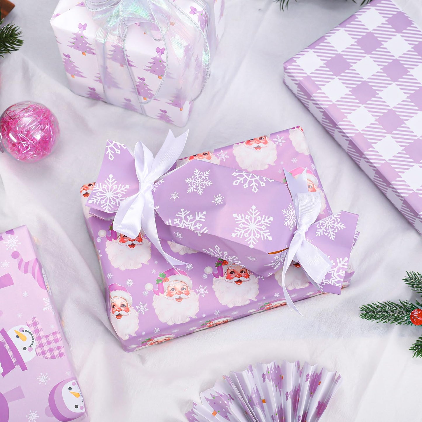 Whaline 12 Sheets Christmas Wrapping Paper - Not Roll - Purple Santa Tree Snowman Snowflake Gift Wrap Paper Folded Flat for DIY Crafts Xmas Winter Holiday Party, 19.7 x 27.6 Inch