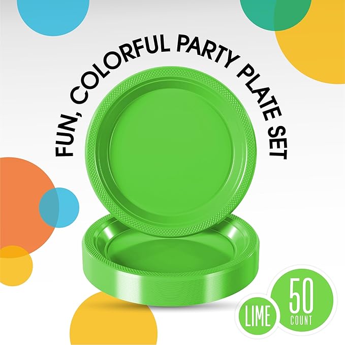 Exquisite Party Solids Lime Green Plastic Plates For Party Supplies 7" Lime Green Disposable Plates Heavy Duty 50 Pcs Plastic Dinnerware Sets Heavy Duty 350 GSM Disposable Dinnerware Set