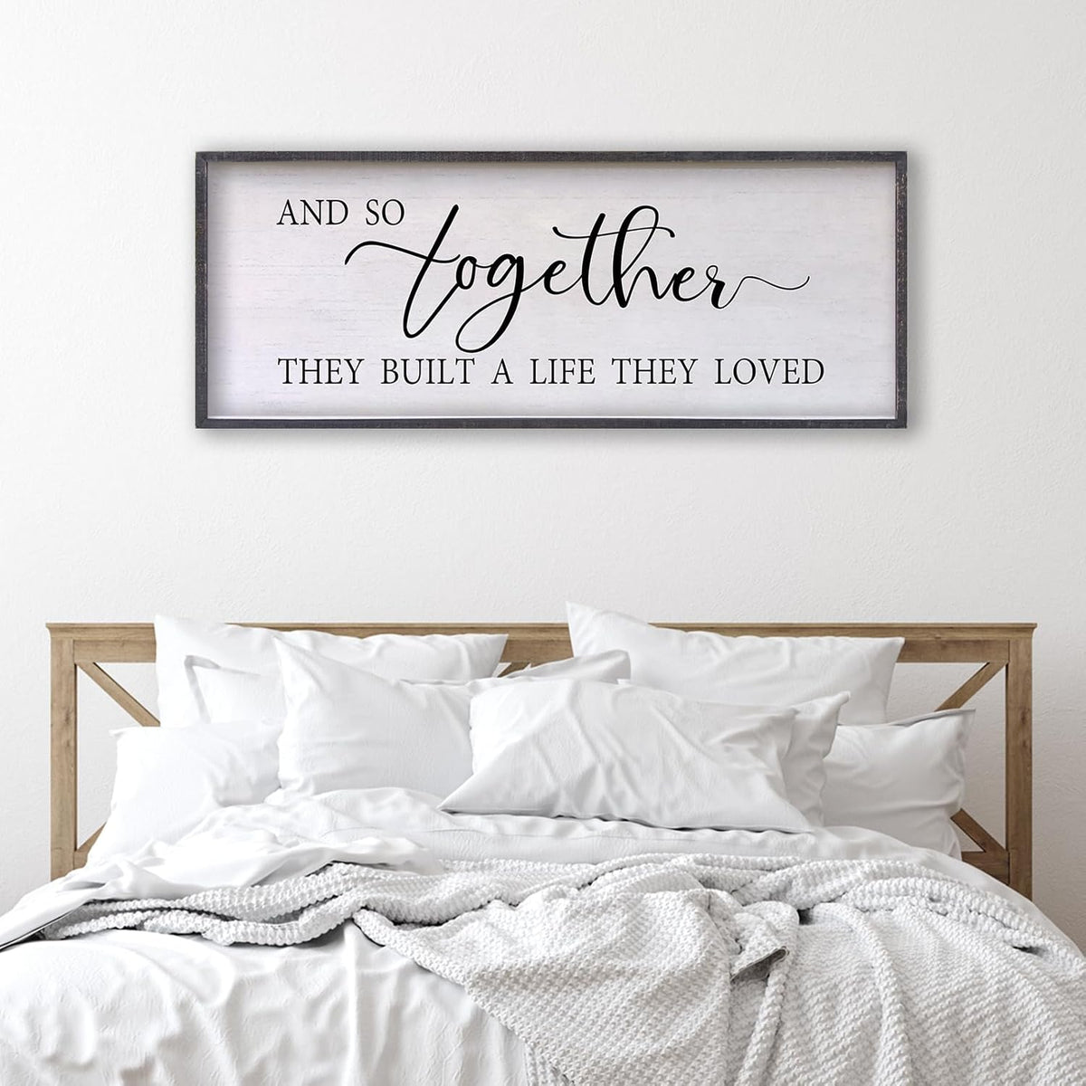 And So Together They Built A Life They Loved Sign Above Bed Wall Decor 24×10 Inch Master Bedroom Over Bed Wood Framed Wall Art (Black)