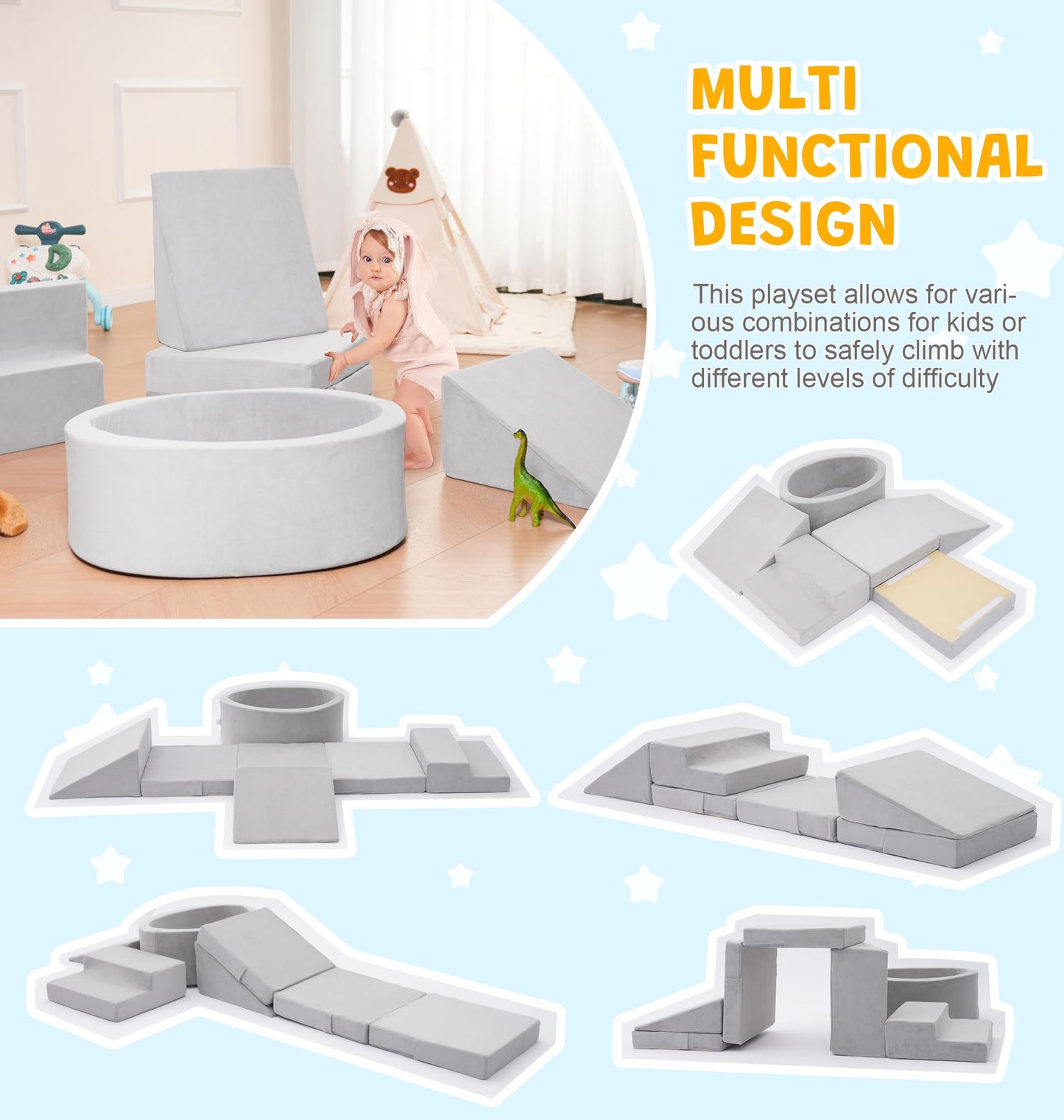 Elftopia Foam Climbing Blocks with Ball Pit & Stairs for Toddlers Aged 1-3 -Soft Playset for Indoor Crawling, Foam Playground Set for Baby to Active Playing Inside -(Balls NOT Included),Grey