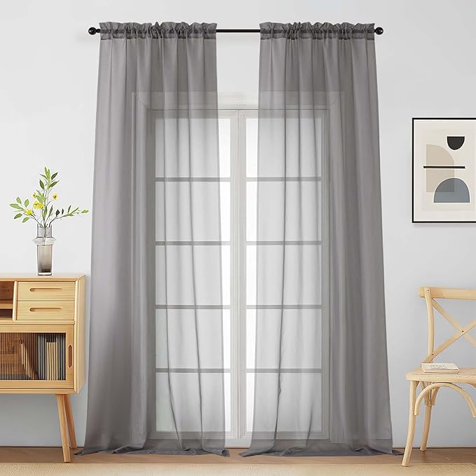Grey Sheer Curtains for Window 96 Inches Long 2 Panels, Light Filtering Voile Sheer Curtains for Living Room Bedroom, Dual Rod Pocket Elegant Window Drapes, Charcoal Grey, 2x42Wx96L Inches