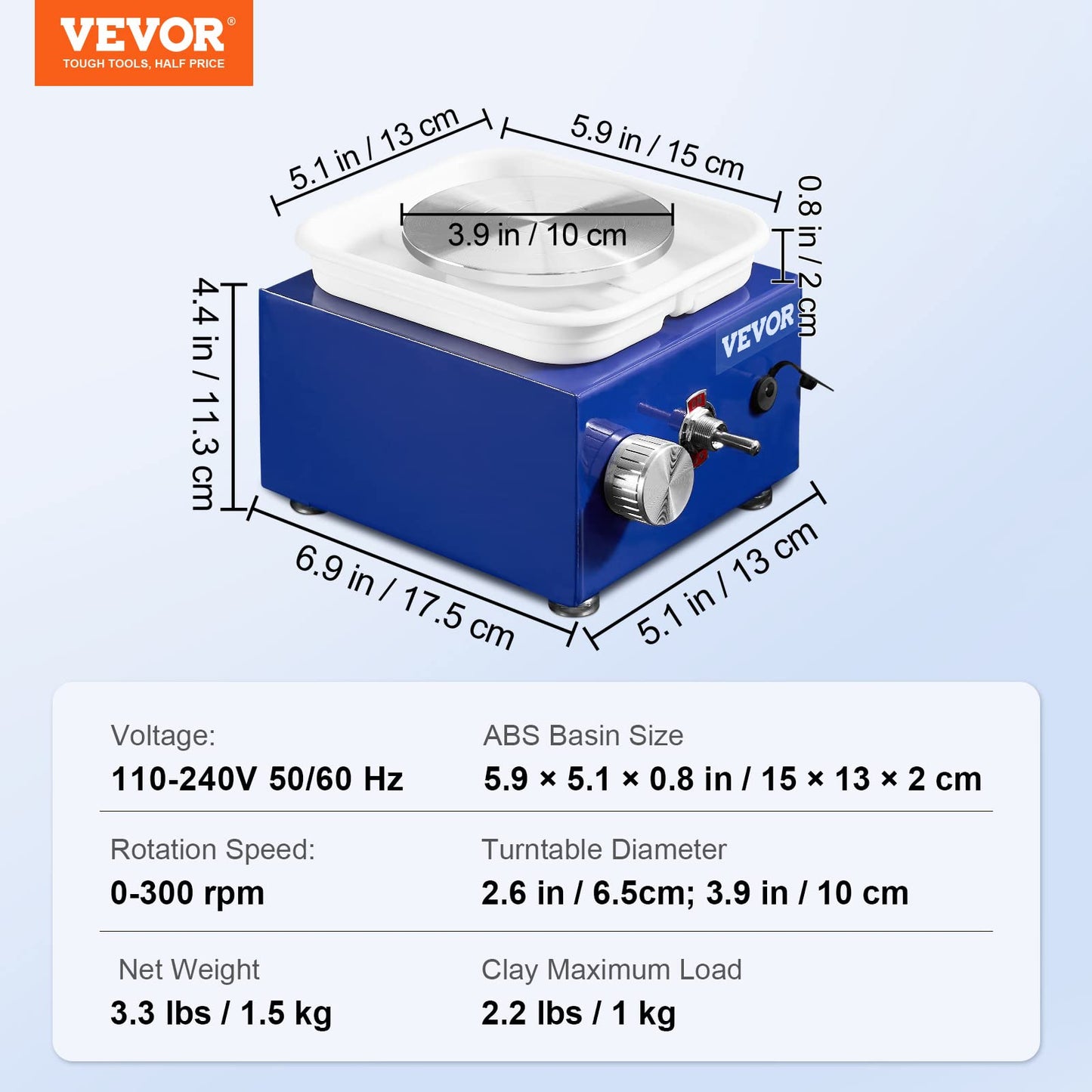 VEVOR Mini Pottery Wheel for Kids and Beginners, Complete Pottery Kit with 2 Turntables 2.6in/3.9in and 17 Accessories Tools, 0-300RPM Speed Adjustable, Craft Christmas Gifts for Kids Teens Adults