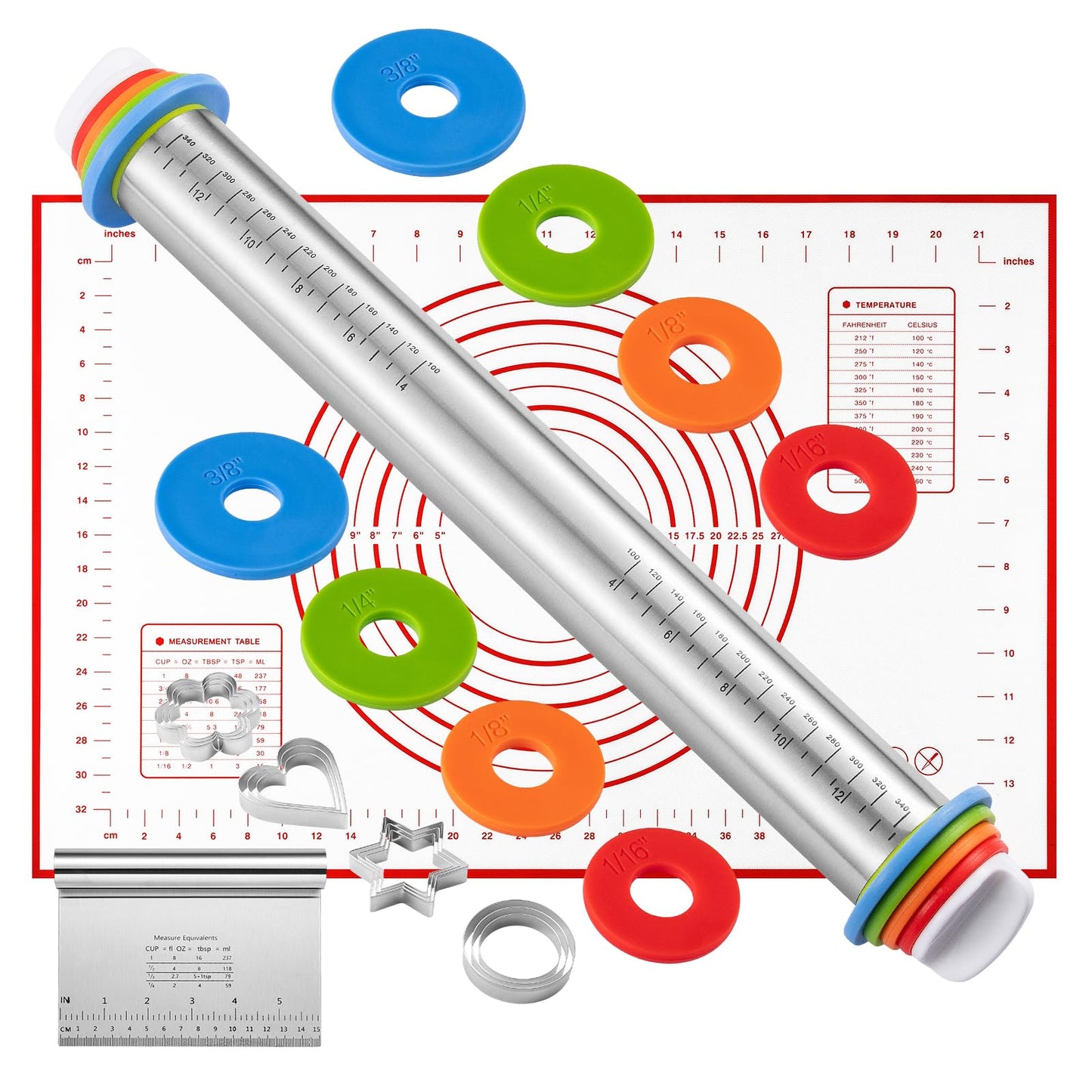 Adjustable Rolling Pin Set with Thickness Rings Cookie Cutters Dough Scraper Food Grade Stainless Steel Precise Dough Roller Handle Press Design for Baking Fondant Pizza Pie Pastry Pasta Cookies