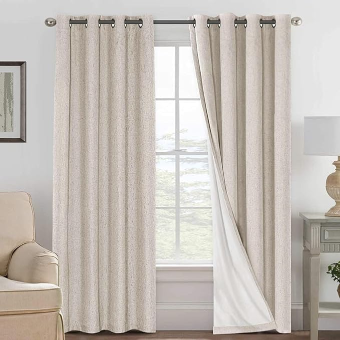 H.VERSAILTEX Linen Curtains 100% Blackout Curtains for Bedroom 102 inch Long Full Light Blocking Nature Linen Blended Window Curtains for Living Room Nickel Grommet (2 Panels, Natural)