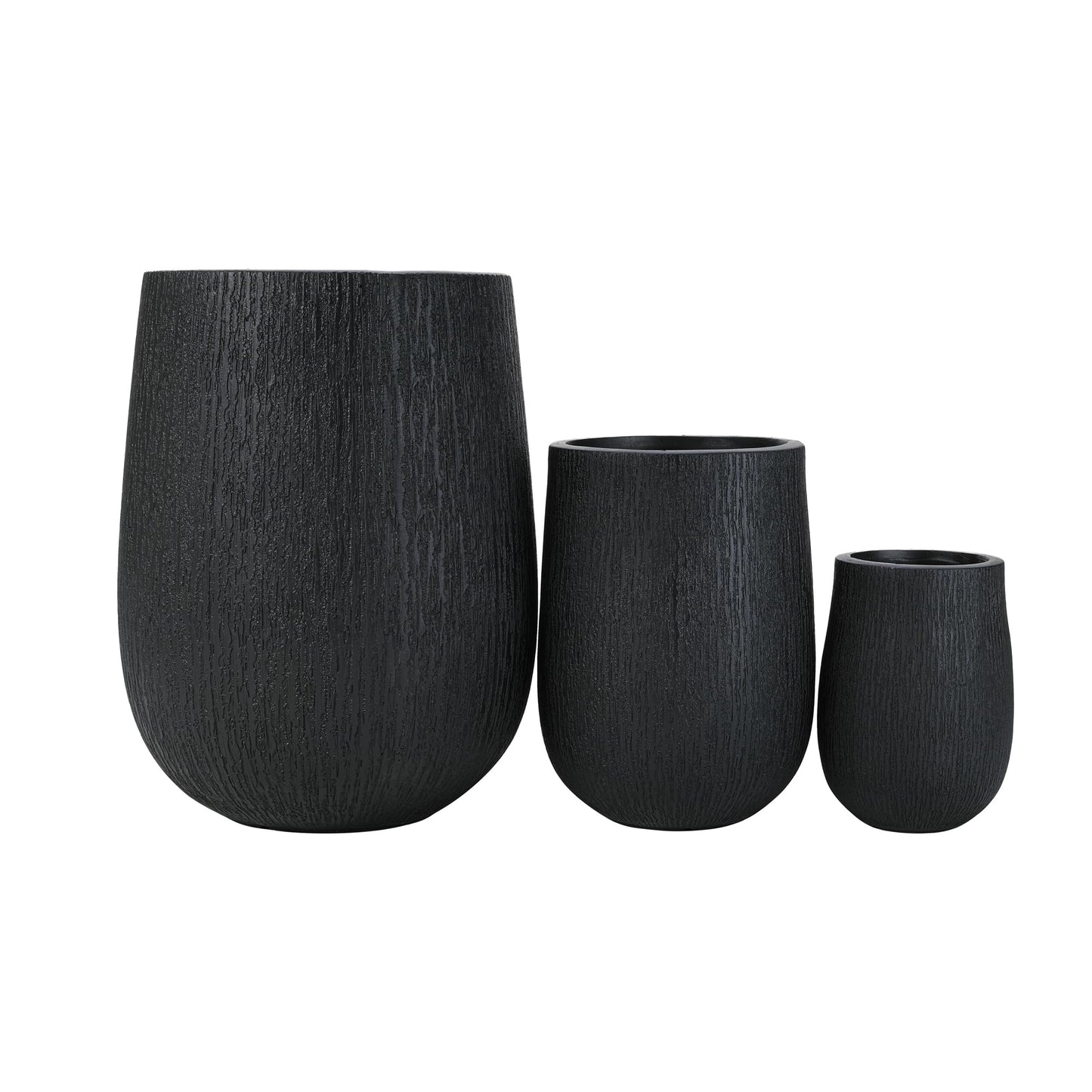 GDFStudio Lightweight MgO Egg-Shaped Planter Set of 3 Large Indoor Outdoor Plant Pots with Drainage Hole & Rubber Plug, Stone Texture Round Flower Pots for Patio Balcony Garden Lawn Poolside, Black