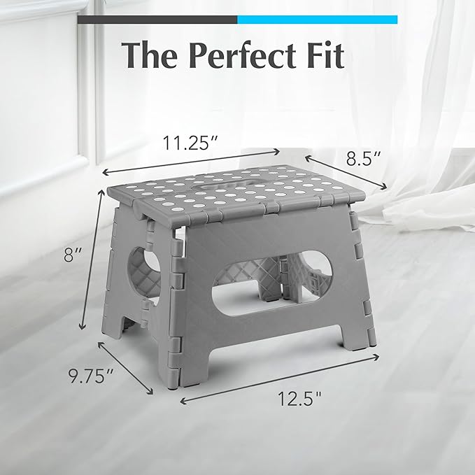 Handy Laundry Folding Lightweight Step Stool - Sturdy Enough to Support Adults and Safe Enough for Kids - Opens Easy with One Flip - Great for Kitchen, Bathroom or Bedroom (Grey - 8 Inch)