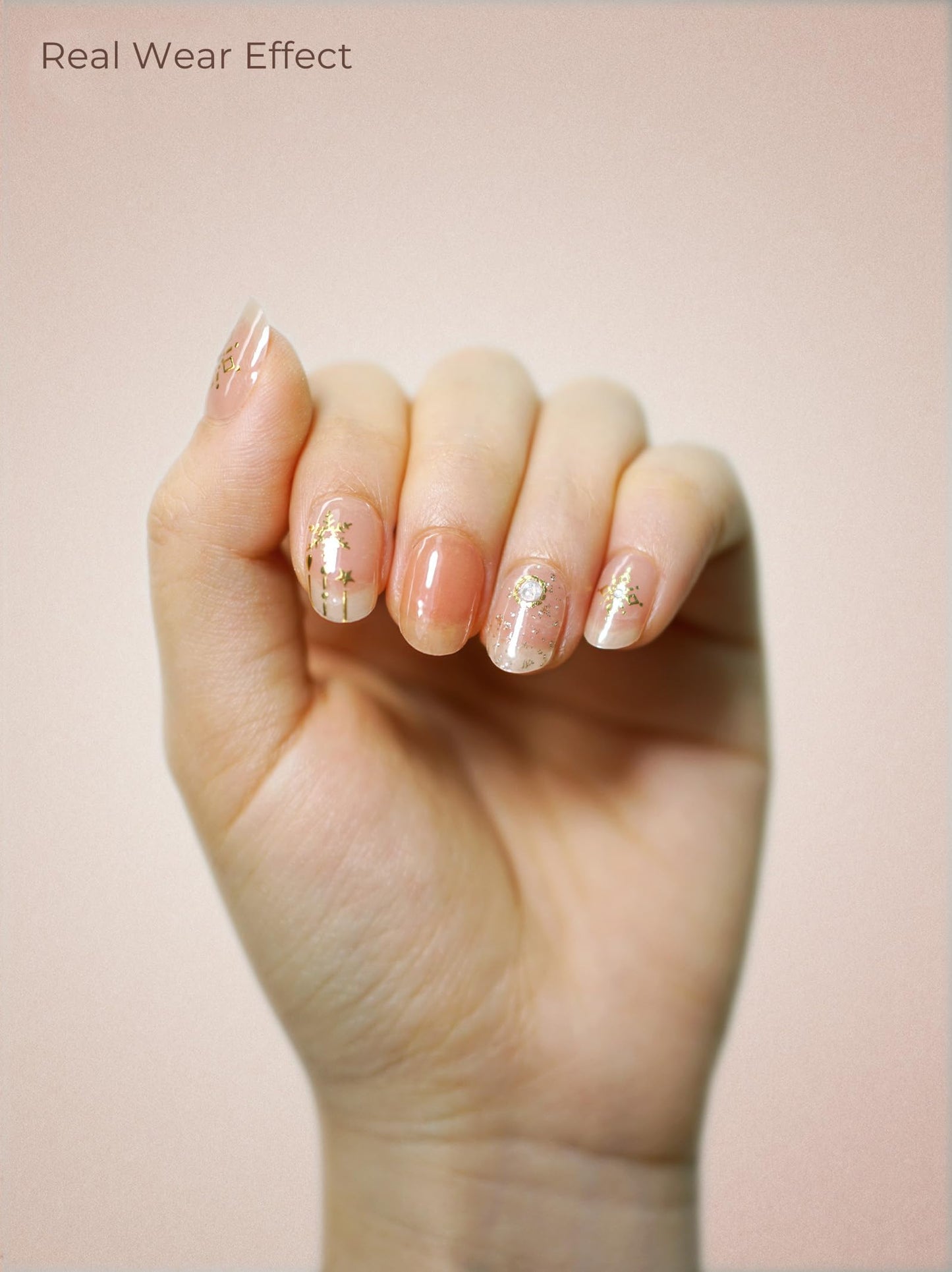 Beaolata Real Gel Nail Strips (No UV Light Needed) - 44Pcs Salon Quality Nail Stickers - Long Lasting Polish Wraps for Women, Easy Apply & Remove (Cosmic Shimmer Nude)