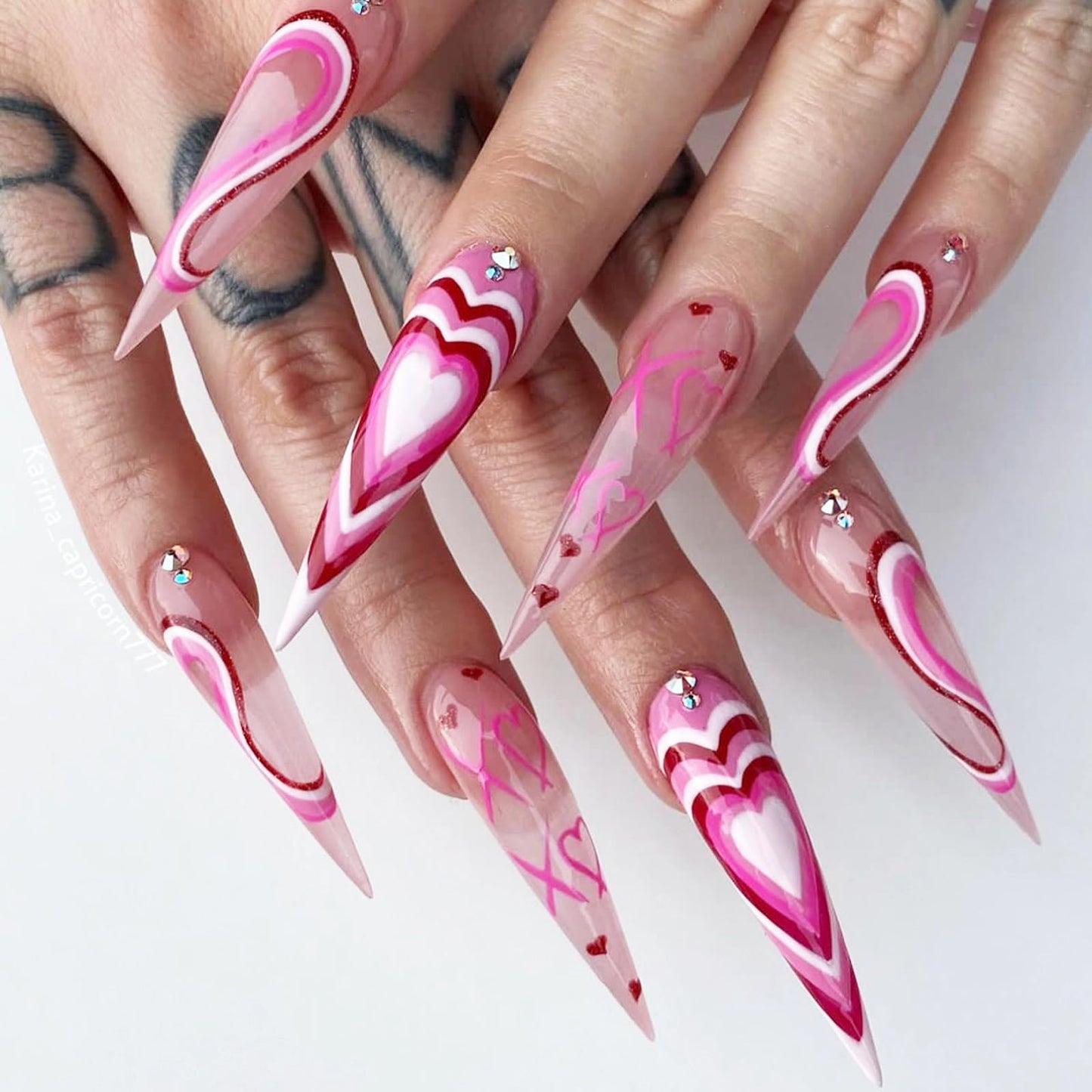 MISUD Press on Nails - Long Stiletto Fake Nails with Hot Pink, Acrylic Valentines Heart Design 24 pcs
