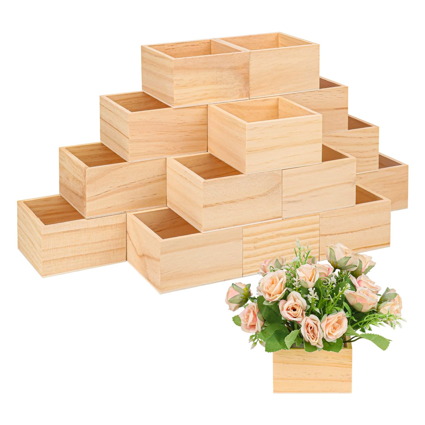 Geytetqi 21 Pack Wooden Box, 4 x 4 Inch Unfinished Small Square Wood Organizer Storage Boxes, Rustic Wooden Box, small wooden crates, Ideal for Crafts and Decoration Succulents
