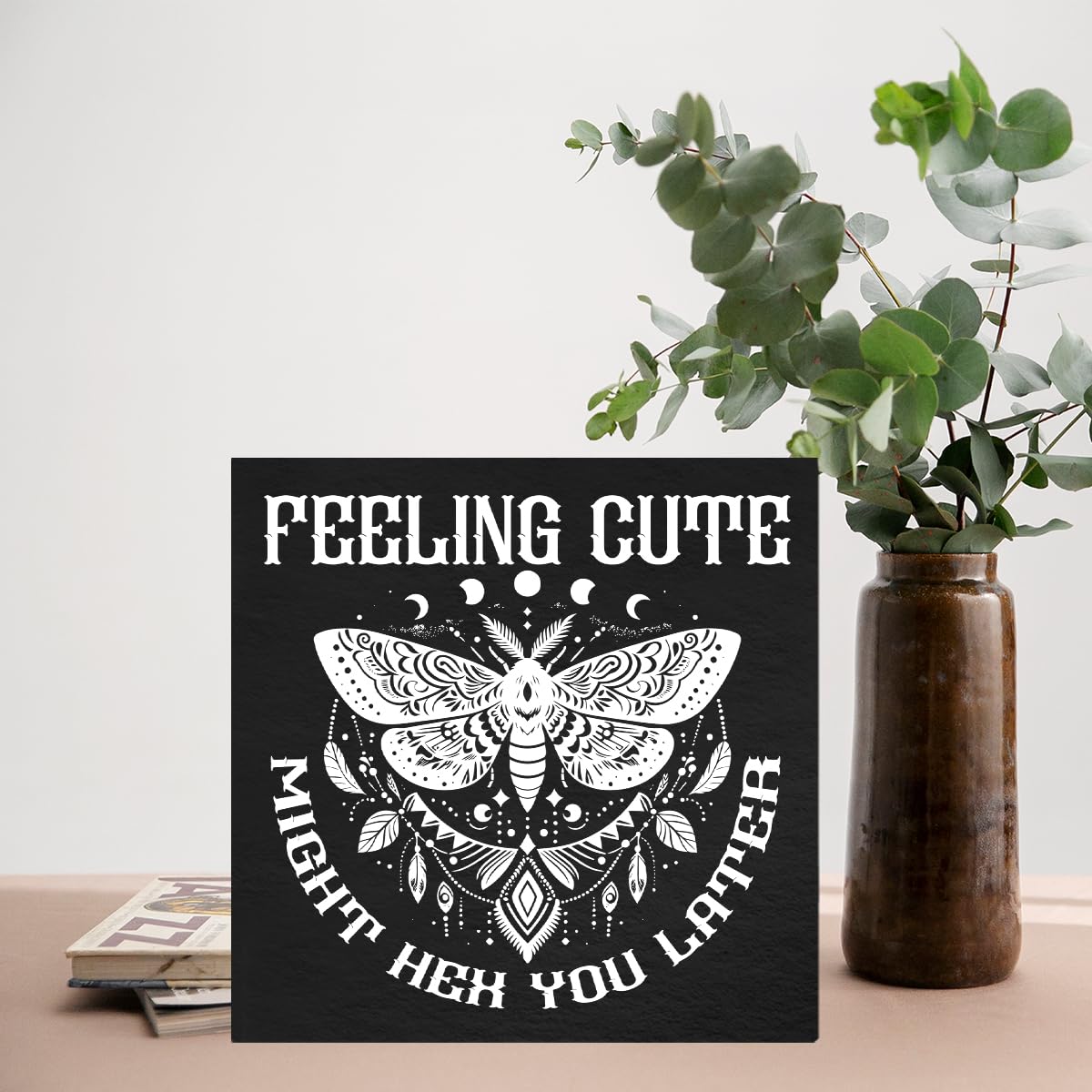Funny Witch Decor - Witchy Home Decor - Feeling Cute Might Hex You Later Wood Sign Home Bathroom Kitchen Desk Shelf Table Decorations 5×5 Inches