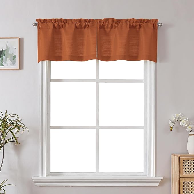 Chyhomenyc Orange Faux Linen Slub Textured Semi Sheer Small Window Kitchen Valance Curtain, Rod Pocket Cafe Valance for Bathroom Laundry Basement, 30Wx14L inch, 2 Piece