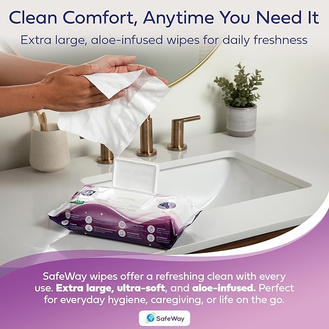 SAFEWAY USA Adult Wipes Disposable — Multi-Purpose & Alcohol-Free, Preferred by Caregivers for Seniors & Incontinence Solution, Aloe-Infused, Ideal for Sensitive Skin — Extra Large, 12 Pack 600 pcs.