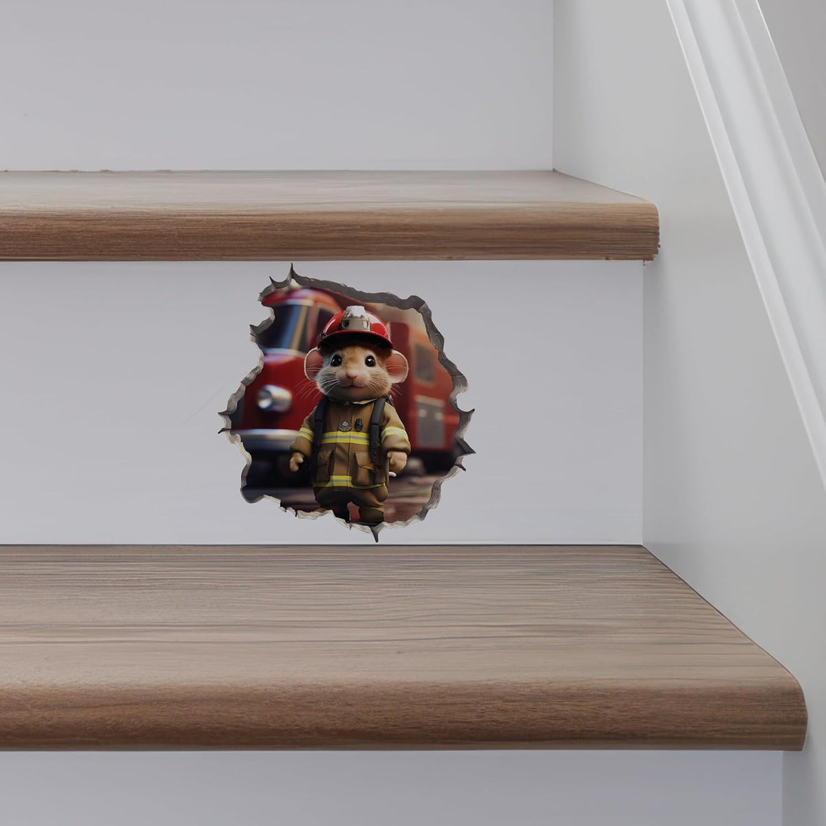 Firefighter Mouse in Mouse Hole Decal - Mouse Hole 3D Wall Sticker