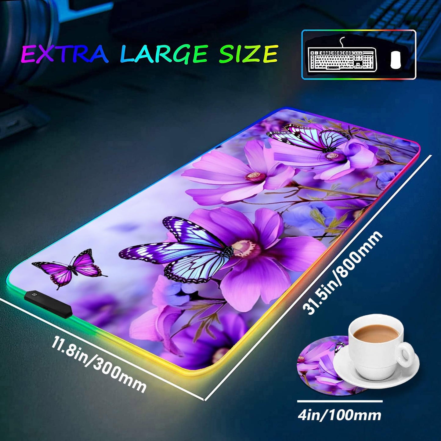 Bosness RGB Gaming Mouse Pad and Coffee Coaster, XXL Large Glowing LED Mousepad, Anti-Slip Rubber Base, Computer Keyboard Desk Mouse Mat 31.5 X 11.8 Inch - Purple Flowers and Butterfly