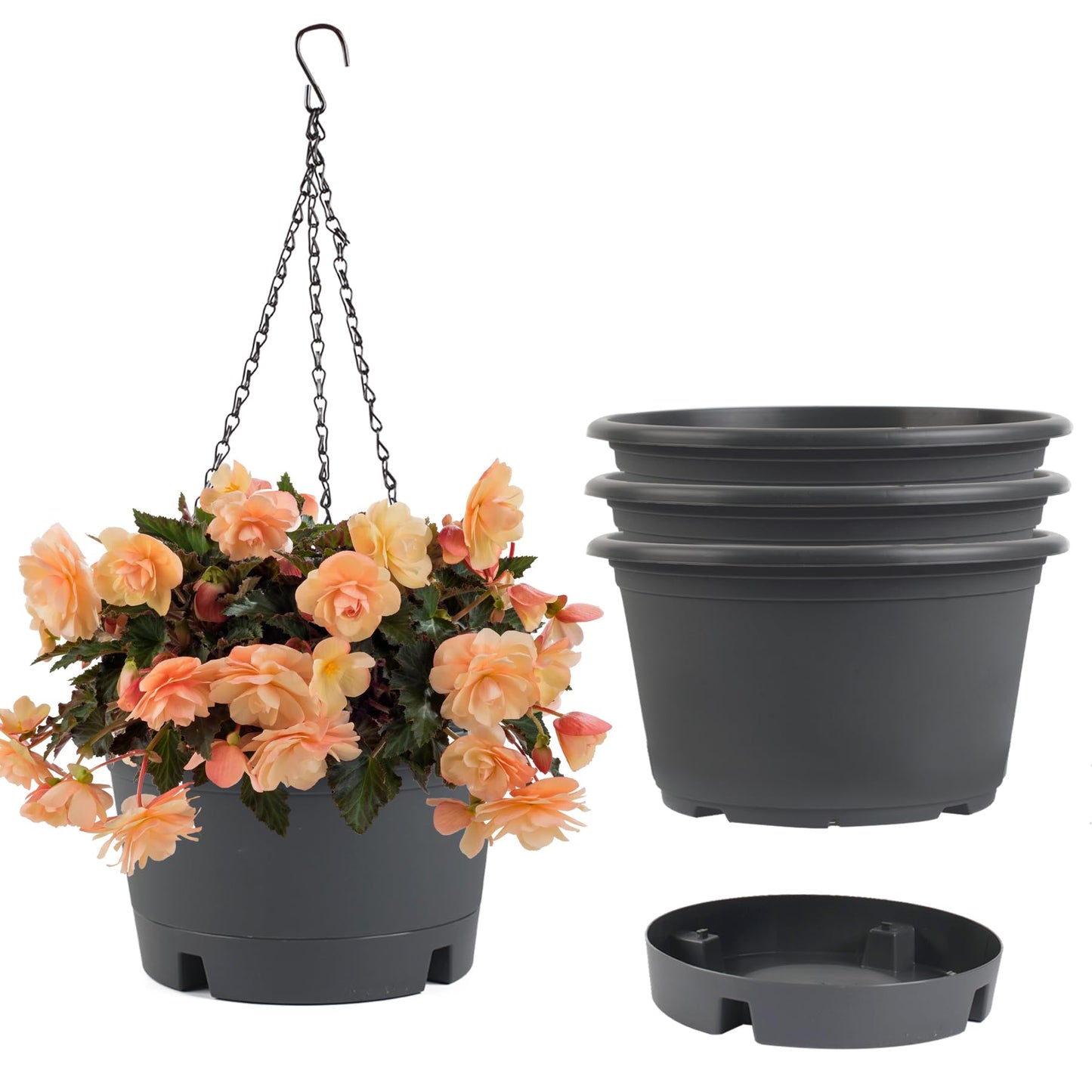 Svxtoby 10 inch Hanging Planters, 4 Pack Hanging Baskets for Plants with Removable Trays & 15.7" Chain, Round Plastic Hanging Flower Pots for Home Garden Porch Balcony Patio Decor (Grey)