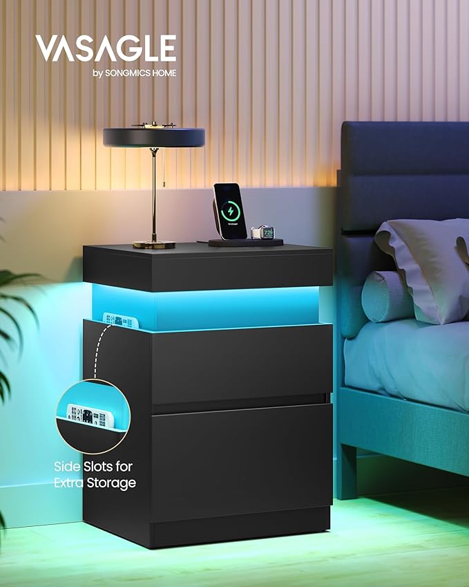 VASAGLE Kailyn Collection - Nightstand with Power Outlets, Sliding Lid, Modern Bedside Table with LED Lights, End Table, 2 Drawers, 15.7 x 18.9 x 26.8 Inches, Ink Black ULET650BC01S
