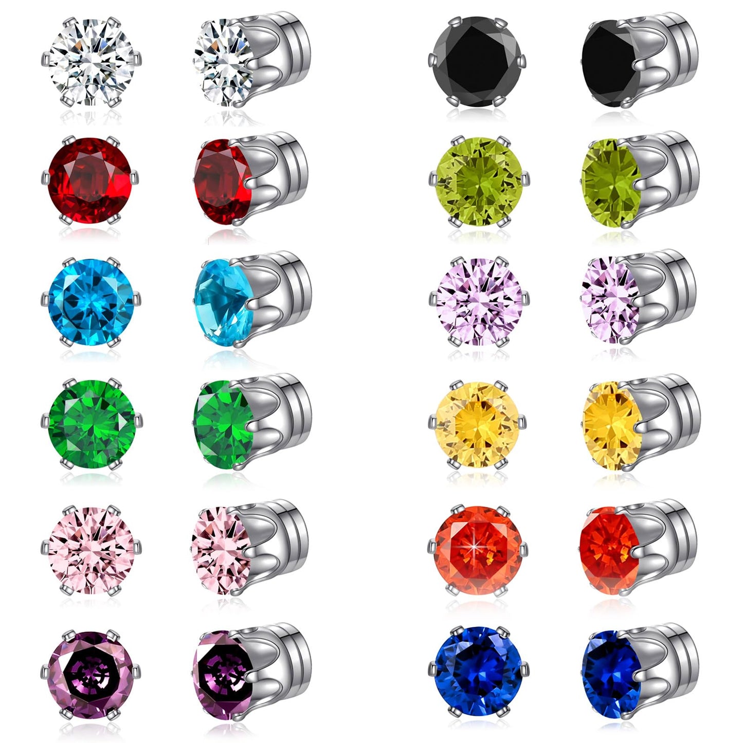 Spiritlele 12 Pairs Colorful Cubic Zirconia Magnetic Earrings Clip on Non Piercing Earrings Set for Women 6MM