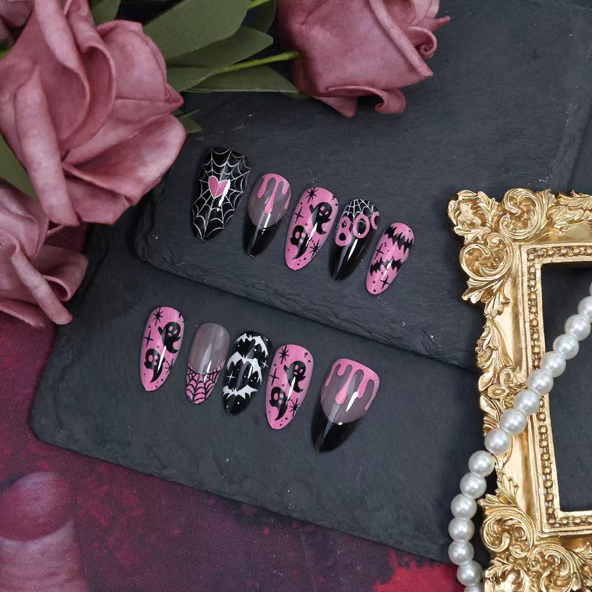 30Pcs Halloween Press on Nails Medium Almond French Tip Fake Nails with Black Ghost Bat Spider Web Design Glossy False Nails Full Cover Artificial Glue on Nails Pink Heart Stick on Nail for Women DIY