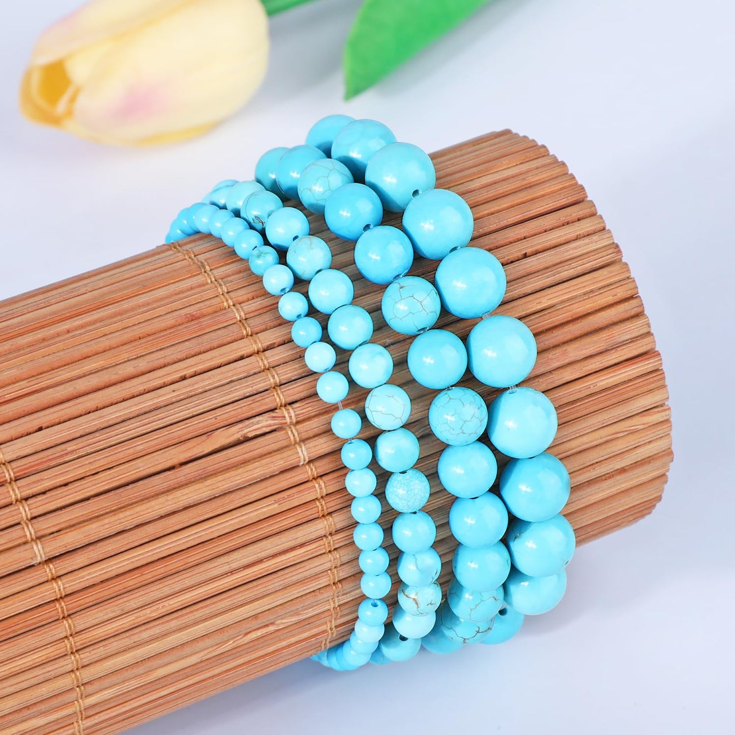 AD Beads 8mm Handmade Blue Turquoise Elastic Bracelet – Natural Gemstone for Great Wisdom – Meditation, Yoga, Healing and Energy Gift for Men Women