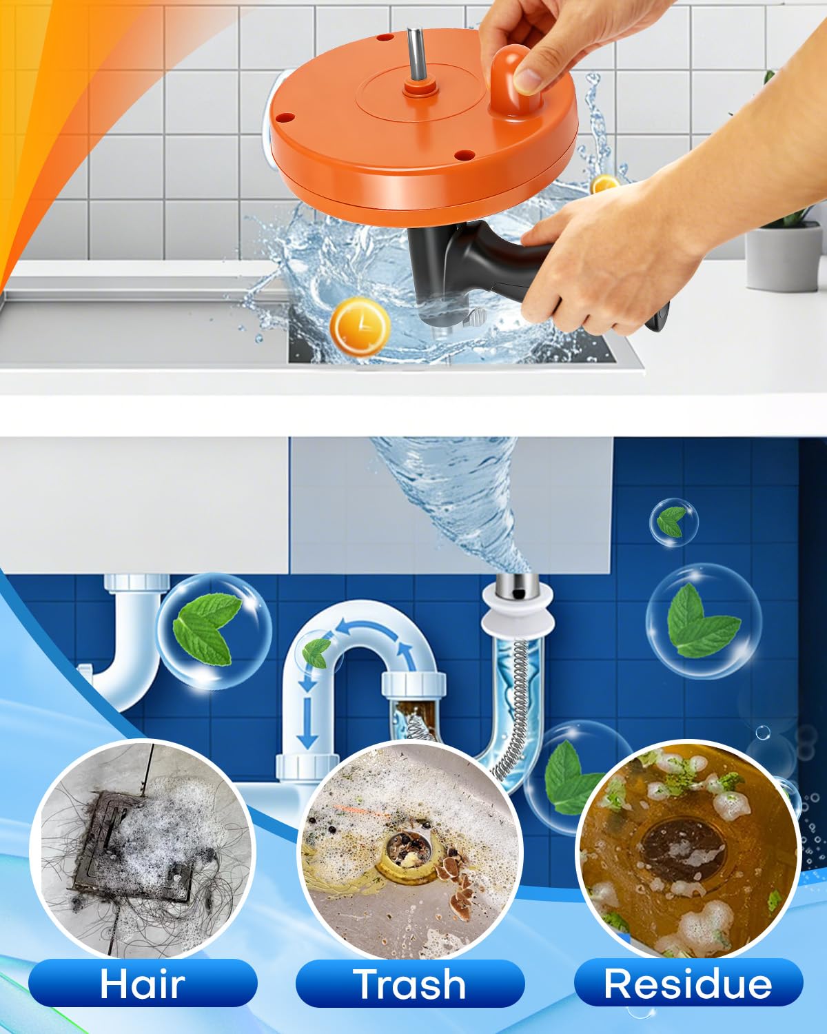 Maraiss Drain Auger, 25FT Drain Snake with Drill Adapter, Flexible Plumbing Snake Clog Removal Tool with Gloves & Cloth Bag, Use Manually or Powered for Kitchen Bathroom Shower Sink