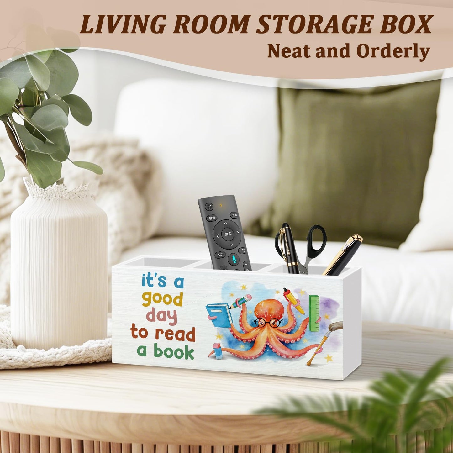 WODMIS Book Lovers Gifts Pen Pencil Holder for Desk, Book Reader Gifts, It's a Good Day to Read a Book Octopus Wooden Box Organizer Decorations for Classroom Reading Room Desk Accessories Tabletop
