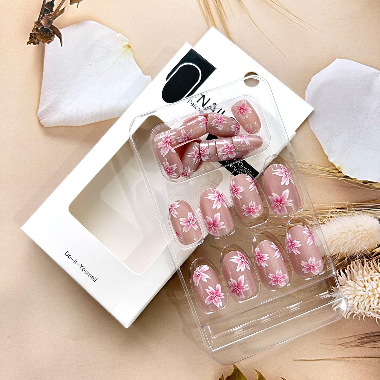 TBRZTR Flower Press on Nails Oval Shaped Medium Pink Floral Pattern Design False Nail Full Cover Glossy Artificial Stick on Nail Acrylic Press Ons Glue on Nails for Women 24Pcs