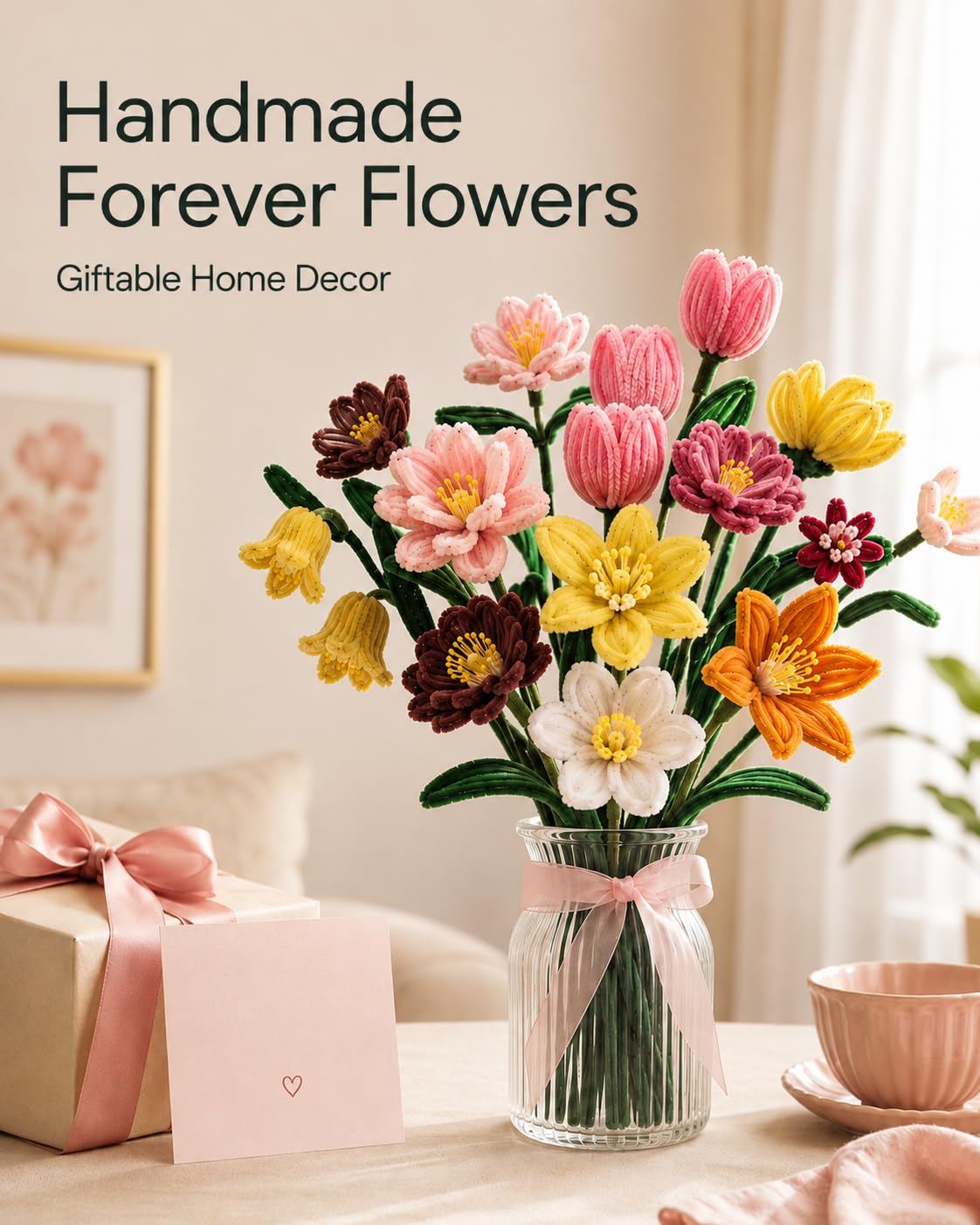 Anpyxun Pipe Cleaner Flower Kit for Adults, DIY Flower Bouquet Kit with Step-by-Step Video Tutorials, 600PCS Flower Craft Set for Beginners, Handmade Forever Flower Bouquet Making Supplies