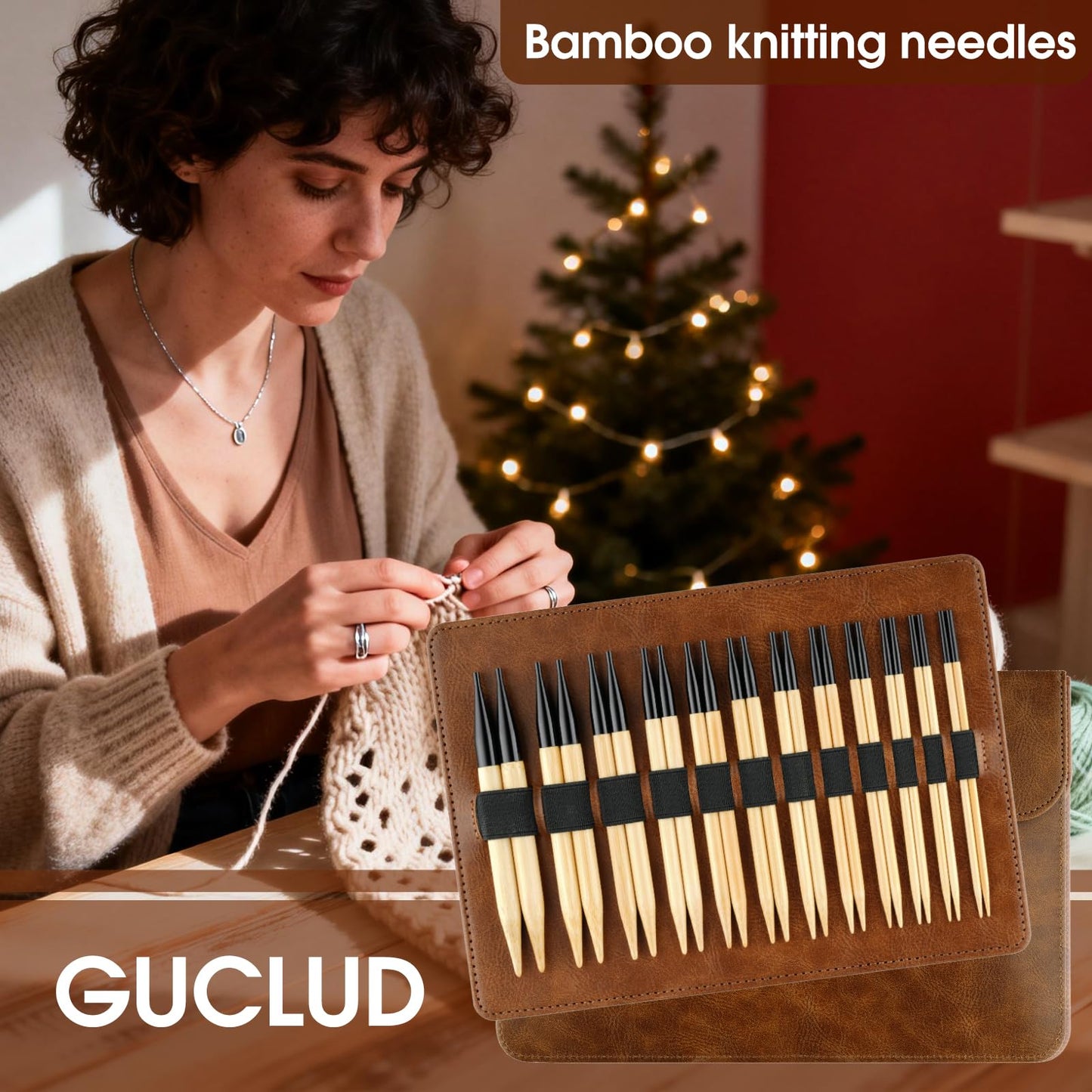 Guclud Bamboo Knitting Needles Set, 5-Inch Interchangeable Circular Knitting Needles US 4-15 (3.5-10mm),12 Pairs of Hand-Polished Circular Needles, 4 Cables, Accessories & Case (Black Tip)